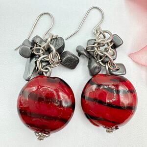 Red Black Striped Art Glass Bead Earrings Hematite Nugget Cha Cha Dangle Artsy
